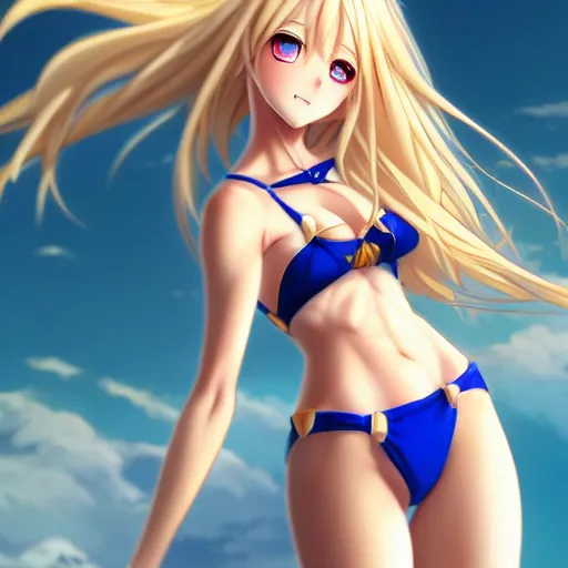 Image similar to a very beautiful young anime giantess from below, full body, long wavy blond hair, sky blue eyes, full round face, evil grin, bikini, miniskirt, front view, mid - shot, highly detailed, cinematic wallpaper by stanley artgerm lau