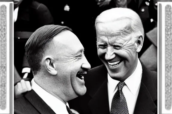 Image similar to “ very very intricate photorealistic photo of hitler and joe biden laughing together, detailed natural lighting, award - winning crisp details ”