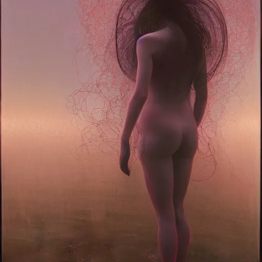 Prompt: liminal!!, portrait, shore of the lake, woman, wrapped around by glowing tubes and cables, short black curly hair, glowing red, by edgar maxence and ross tran, zdzisław beksinski, and michael whelan, distant, gustav dore, h. r. giger, 8 k, octane render