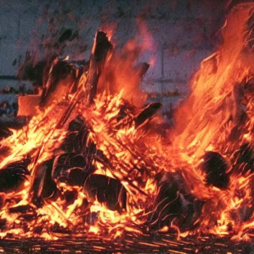 Prompt: a pile of anime being burned in the middle of comiskey park stadium