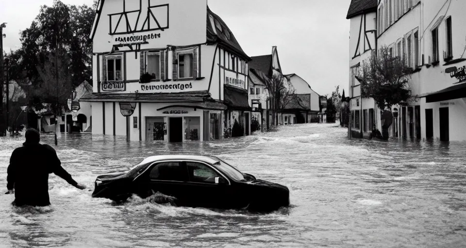 Prompt: a black and white Gigachad saving a small german town that is being flooded, movie screenshot, dramatic scene