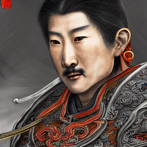 Image similar to dynamic composition, motion, ultra-detailed, incredibly detailed, a lot of details, amazing fine details and brush strokes, colorful and grayish palette, smooth, HD semirealistic anime CG concept art digital painting, watercolor oil painting of a Tang Ming dynasty chinese tao fantasy general wearing armor, from Three Kingdoms, by a Chinese artist at ArtStation, by Huang Guangjian, Fenghua Zhong, Ruan Jia, Xin Jin and Wei Chang. Realistic artwork of a Chinese videogame, gradients, gentle an harmonic grayish colors.