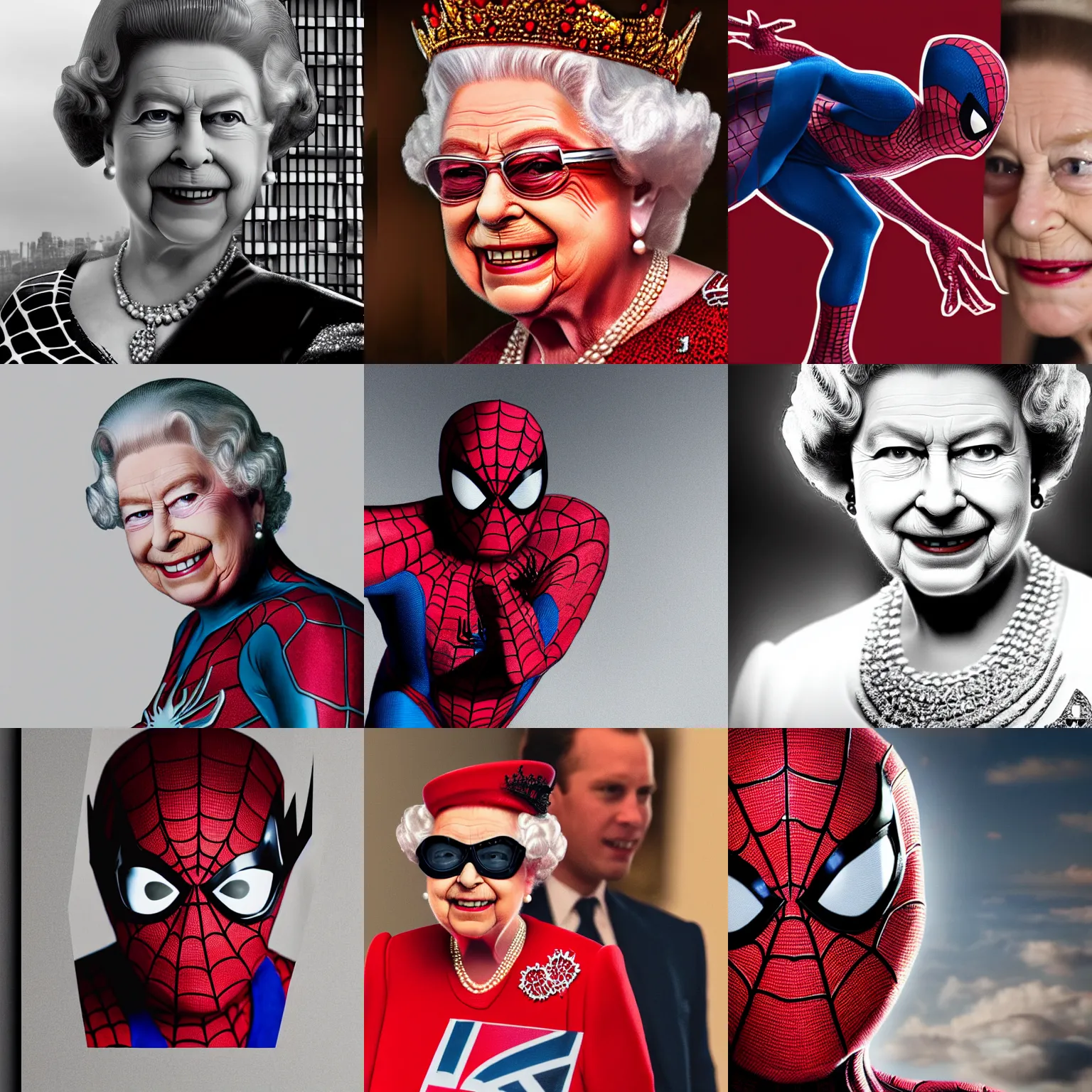 Prompt: queen elizabeth ii as spiderman, cinematic photograph portrait