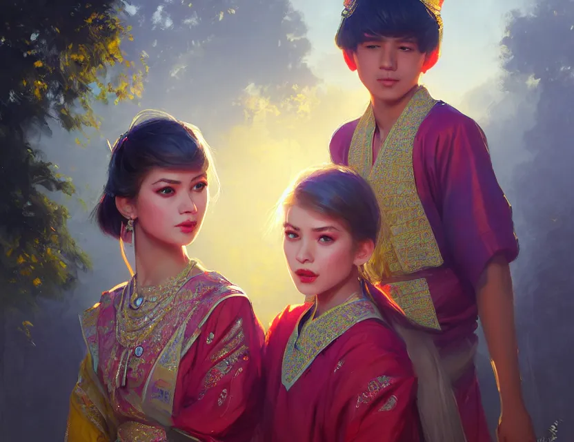 Image similar to a beautiful fashion big eye girl wear flashy dress and a handsome boy wear traditional outfits in festival | | sunny, dreamlike art, mist, realistic shaded, smile, good looking, fine details, 4 k realistic, cryengine, realistic shaded lighting poster by greg rutkowski, magali villeneuve, artgerm, jeremy lipkin and michael garmash and rob rey