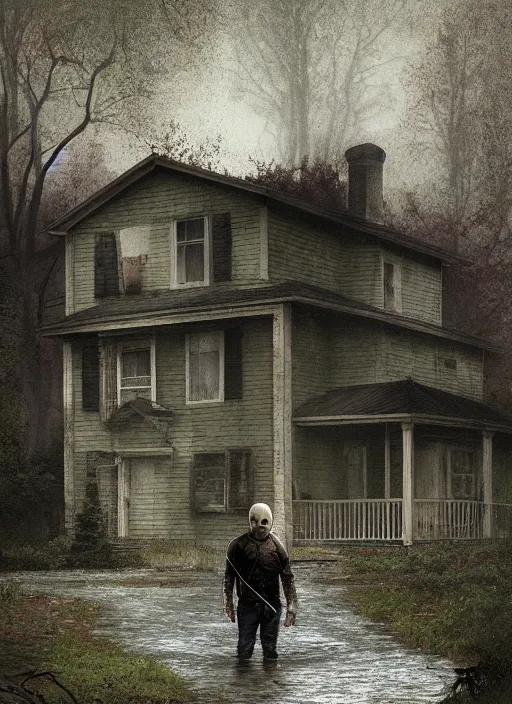 Prompt: jason voorhees standing in front of a house on a rainy day, a digital rendering by gregory crewdson, trending on cgsociety, american scene painting, ominous vibe, matte drawing, atmospheric