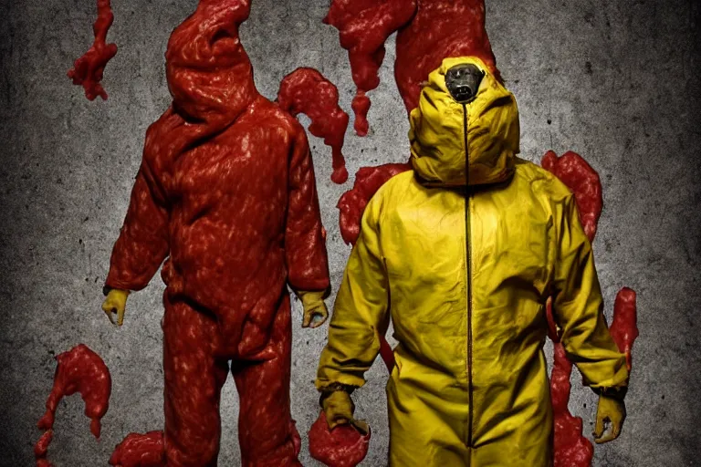 Prompt: slimy meat monsters, a man in a hazmat suit, in the style of silent hill, octane