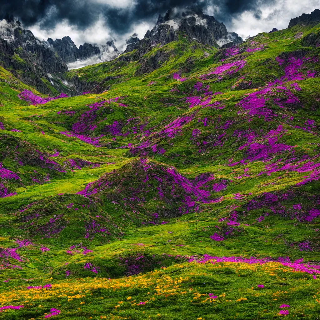 Image similar to valley of flowers with high and small monoliths, humans, renaissance, film grain, high detailed,