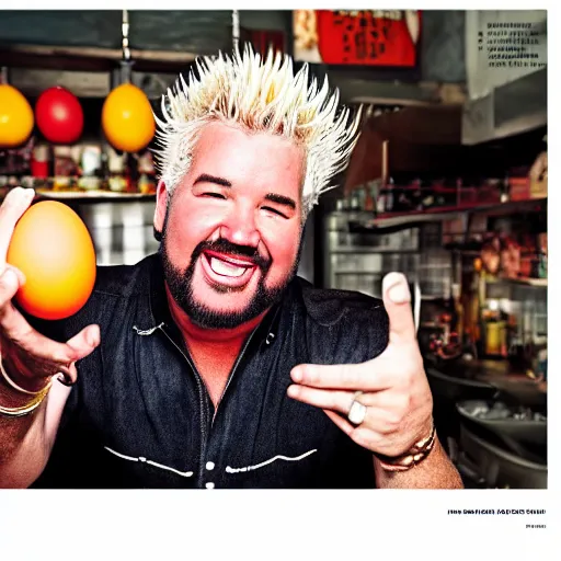 Image similar to closeup portrait of guy fieri excited about an egg, photograph, natural light, sharp, detailed face, magazine, press, photo, Steve McCurry, David Lazar, Canon, Nikon, focus