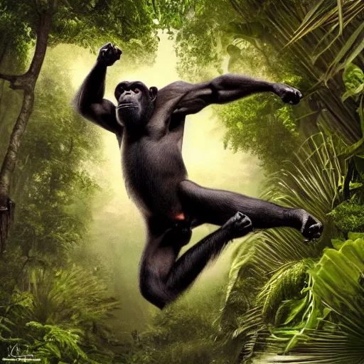 Image similar to Angry Chimpanzee Jumping, Epic Jump, Cinematic Photo, Cinematic Shot, Jungle, Foliage Boris Vallejo, Epic, 8k resolution, ArtStation, Hyperrealistic