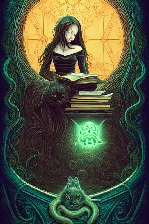 Image similar to ai illustration of romantic girl, her cat and her book of necronomicon, symmetrical, cinematic, sharp focus, 4 k, ultra hd, sense of awe, sinister demonic atmosphere, dreadful, forbidden knowledge, old gods, cthulhu, yog - sothoth! yah, yah, yah! cultist journal cover