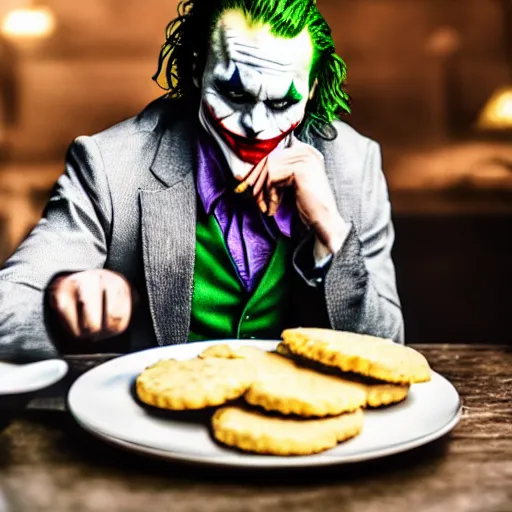 Prompt: cinematic shot of the joker sitting at a table in front of a plate of flour biscuits, 8 k, very detailed, very intricate,