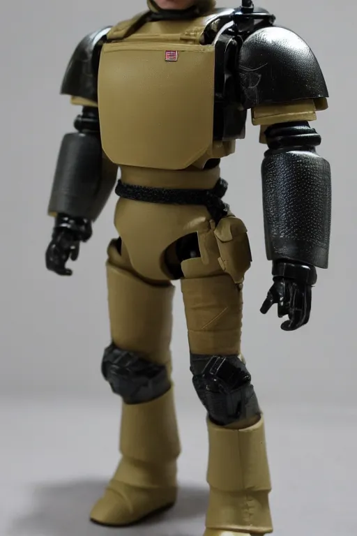 Prompt: 8 k high definition, 1 9 8 0 hasbro style gi joe action figure in power armor, full body, highly detailed, medieval knight, tactical gear, mecha, photorealistic
