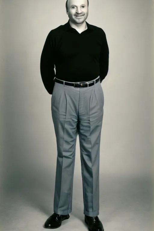 Image similar to full body color photograph of a balding, middle aged, brown haired, hairy, blue eyed, round faced, short white man who has thick legs, dressed in a white shirt, grey pants and black dress shoes, full body portrait, head to toe