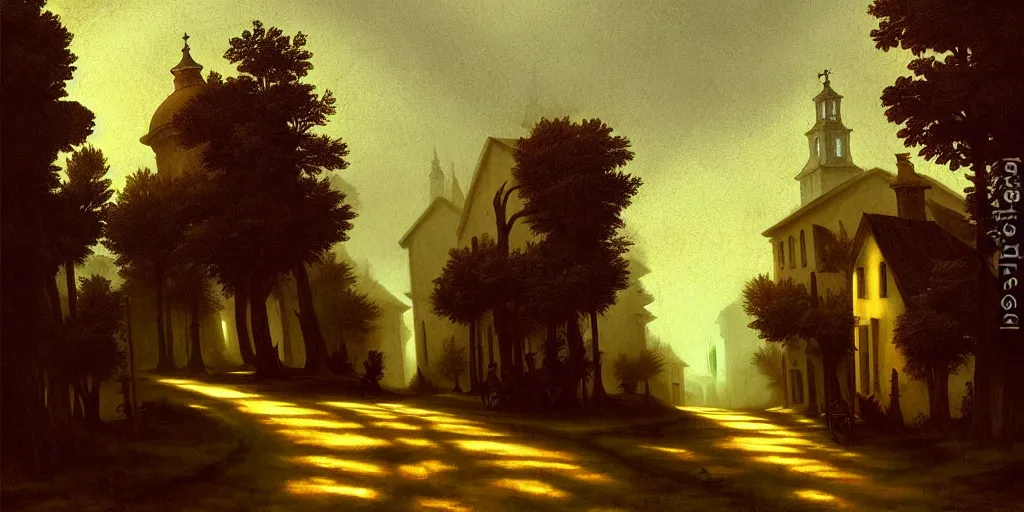 Image similar to in the style of gerald brom, caravaggio, beautiful small town, houses and buildings, 1 8 0 0 s, cobblestone roads, low light, end of day, trees, forest in the distance, light mist