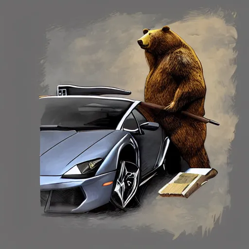 Image similar to A bear in a soccer suit smoking a cigar while drifting in a Lamborghini, digital art