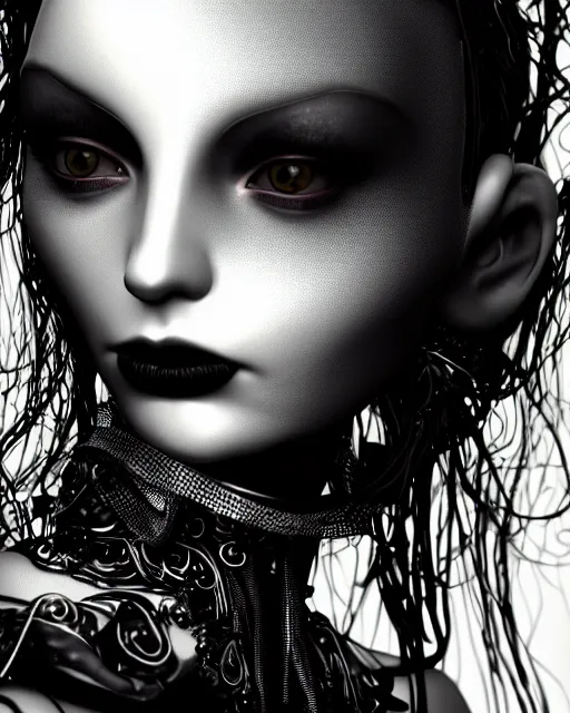 Image similar to black and white dreamy foggy poetic smoky profile face portrait, one silver steampunk realistic eye biomechanical beautiful angelic young female cyclope - cyborg - robot bust, body ribs meshes,, volumetric light, hibiscus flowers, by cecile beaton, rim light, big gothic fashion pearl embroidered collar, 8 k