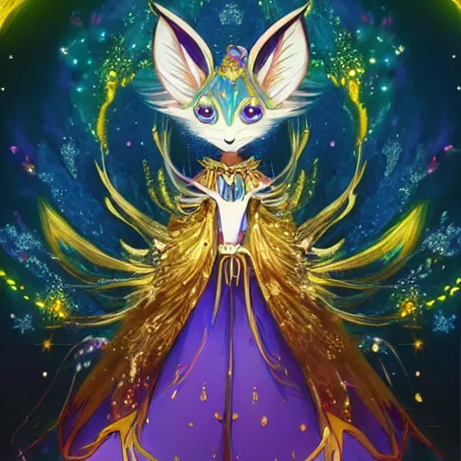 Prompt: portrait from an anime of an ethereal colorful gold blue starry peacock fox character accented in bright metallic gold, wearing star filled magic imbued mage robes, art by yuji ikehata, background art by miyazaki, serious cartoon, proper human proportions, fully clothed