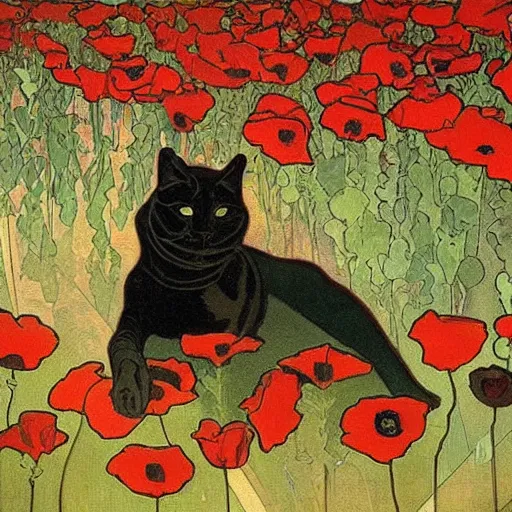 Image similar to a masterpiece painting by alfons mucha exposed at the louvre : black cat taking the sun in a poppy field with a red sunset in the background