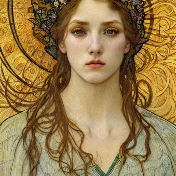 Image similar to detailed realistic beautiful young medieval queen face portrait by jean delville, alphonse mucha, vincent van gogh, and marco mazzoni, art nouveau, symbolist, visionary, gothic, pre - raphaelite