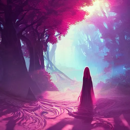 Image similar to Vampire traveling through a beautiful psychedelic world, intricate, elegant, fantasy, highly detailed, digital painting, concept art, sharp focus, illustration, beautiful volumetric lighting, epic light, artstation, magic hour lighting, colorful, sunshine, springtime, art by Sylvain Sarrailh