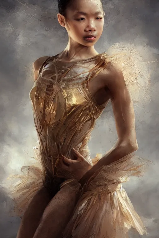 Image similar to stunningly beautiful, filipina prima ballerina in ruins, symmetrical face, golden hour, smooth, focus, highly detailed, hyper realistic, dramatic lighting, elegant, intricate, concept art, art by wlop, mars ravelo, greg rutowski, artstation