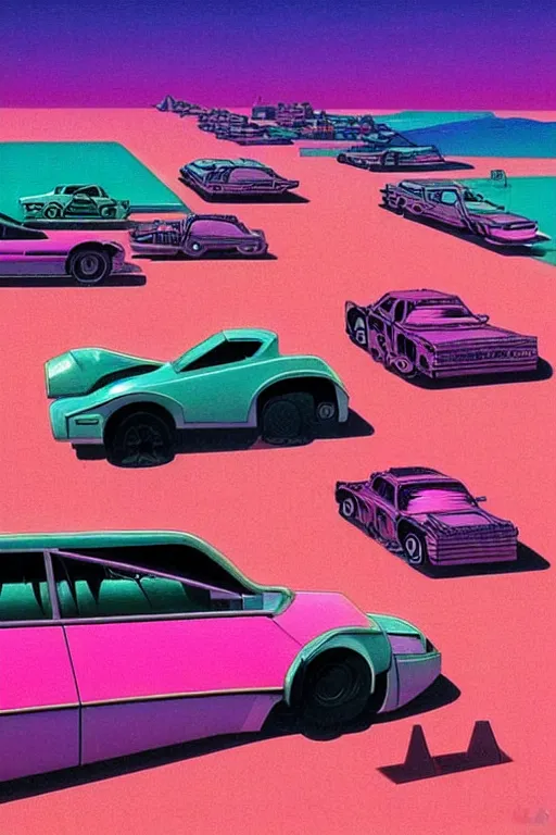 Prompt: 8 0 s art deco desert road with old cars, computers, cinematic dramatic cyberpunk textural fluid lines purple, pink, blue, green. otherworldly vaporwave interesting details fantasy lut epic composition by basquiat zdzisław beksinski james jean artgerm rutkowski moebius francis bacon gustav klimt