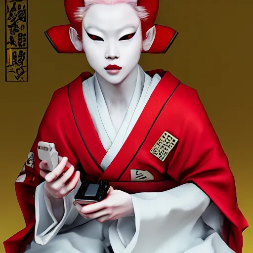 Prompt: young albino kitsune maiko playing gameboy by hiroaki samura, unreal engine octane, red highlights, portrait,detailed,