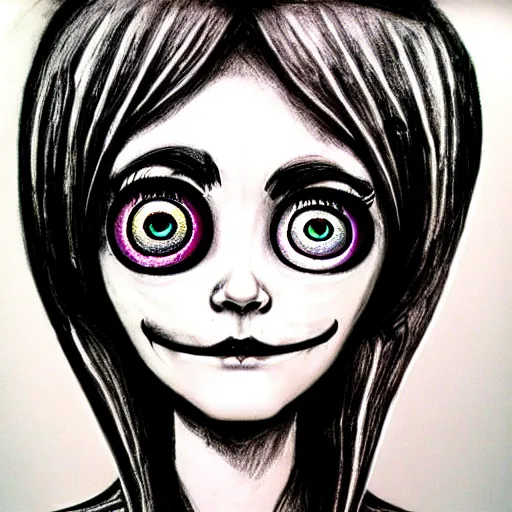 Image similar to charcoal drawing of the coke logo personified as a soda themed girl in the style of the lavender towne, large creepy eyes, extremely detailed and colorful eyes, digital art, deviant art, soda themed girl, hyper detailed eyes, money sign pupils, tim burton, scratchy lines, junji ito, gorrilaz, her forehead has the coke logo carved into it