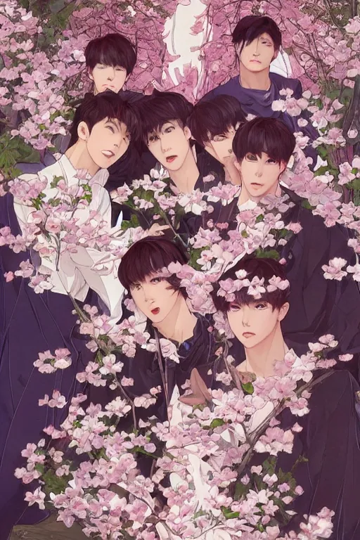 Prompt: anime cottagecore BTS k-pop band, phone wallpaper. intricate, elegant. the background is cherry blossoms !. highly detailed, digital painting, artstation, concept art, smooth, sharp, focus, illustration. . art by artgerm and greg rutkowski and alphonse mucha, in the style of japanese manga