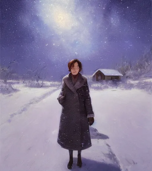 Prompt: face portrait of a beautiful girl in a coat with decollete and white bra, close portrait, snow - covered small house in a background, night, stars in the sky, the milky way in the sky, winter landscape, painting by craig mullins, octane rendering, wide angle lens, in the style of hayao miyazaki, trending on artstation,