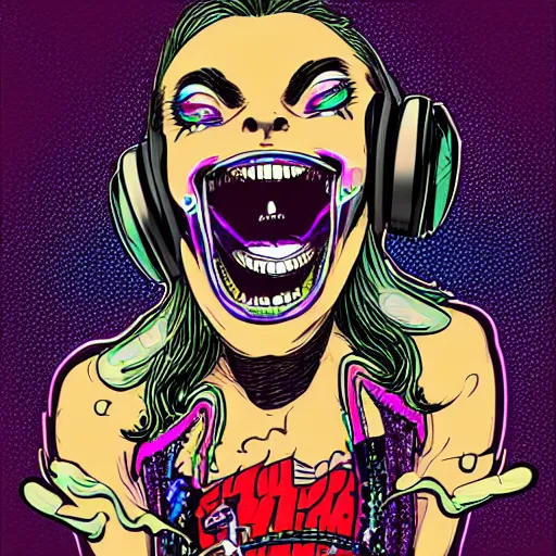 Image similar to artgerm, psychedelic laughing demon, rocking out, headphones dj rave, digital artwork, r. crumb, svg vector