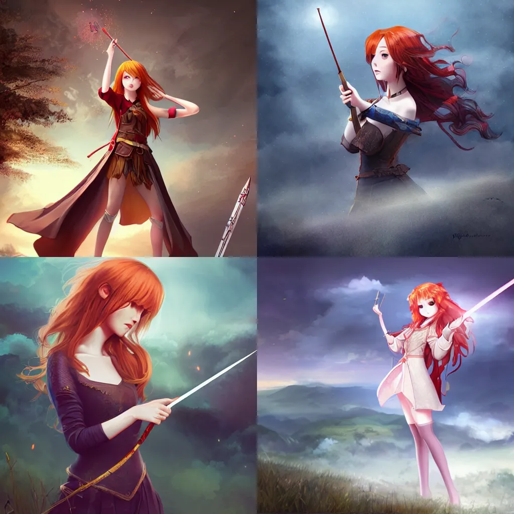 Prompt: A redheaded female princess, waving her magic wand and aiming at her target, standing at the top of a hill. Dark fantasy anime, digital painting by WLOP.