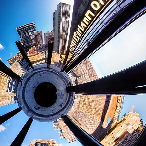 Image similar to sole of a boot about to step down, worms view, looking up, times square, sun spot, fisheye, hyperrealistic