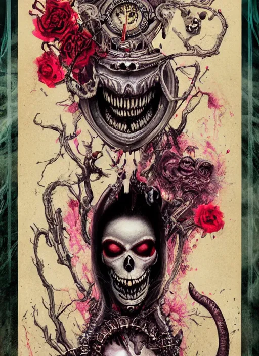 Image similar to Queen of Hearts with Cheshire Cat, Death Tarot card,highly detailed,half skull face,cinematic,8k,by Stanley Artgermm,Tom Bagshaw,Greg Rutkowski,Carne Griffiths, Ayami Kojima, Beksinski, Giger,trending on DeviantArt,hyper detailed,horror, full of colour