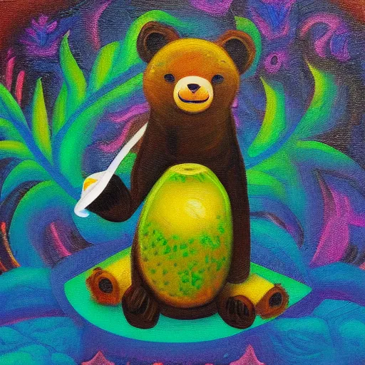 Image similar to bear drinking a pina colada from a coconut | award winning psychedelic oil painting on canvas