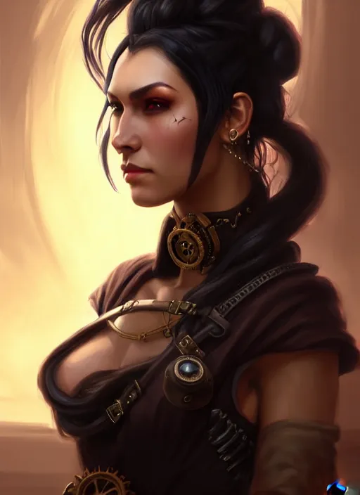 Image similar to a _ fantasy _ style _ portrait _ painting _ of steampunk woman, ponytail black hair, round face, rpg dnd oil _ painting _ unreal _ 5 _ daz. _ rpg _ portrait _ extremely _ detailed _ artgerm _ greg _ rutkowski _ greg