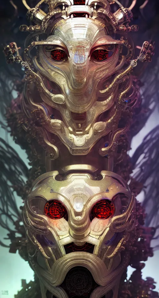 Image similar to asura from chinese myth, ghost, gorgeous and huge head ornaments, dystopian, cyberpunk, organic fractal mycelum and fungi, mecha, halfturn portrait of a big crystal face made of crystals half - turn, ominous, intricate, studio, art by anthony macbain + greg rutkowski + alphonse mucha, concept art, 4 k, sharp focus