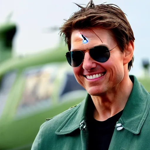 Prompt: Tom Cruise waving to fans. He's wearing bluejeans and a green jacket, Ralph Lauren. Wayfarer sunglasses A helicopter is in the background. Shallow depth of field