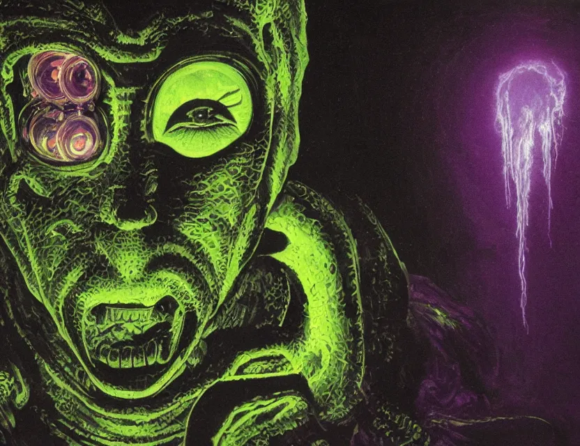 Image similar to a close - up view portrait of a silhouetted supernatural wizard in brutalist halls with metallic alien technology. close - up view, detailed textures. glowing green purple fog, dark black background. highly detailed fantasy science fiction painting by moebius, norman rockwell, frank frazetta, and syd mead. rich colors, high contrast