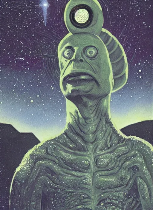Prompt: close - up portrait of a slimy alien looking up towards the sky, wondering about other intelligence, stars and bright nebula, chesley bonestell, lucien rudaux, rolf klep