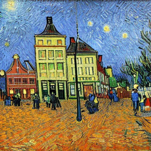 Prompt: a painting of schiedam in the style of van gogh