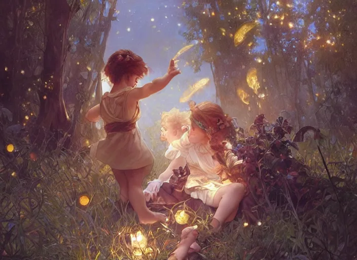 Prompt: A cute little girl with shoulder length curly brown hair and a cute little boy with short blonde hair dancing with fireflies, they are in the distance. beautiful fantasy art by By Artgerm and Greg Rutkowski and Alphonse Mucha, trending on artstation.