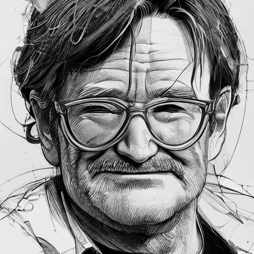 Image similar to a study of cell shaded portrait of Robin Williams concept art, llustration, post grunge, concept art by josan gonzales and wlop, by james jean, Victo ngai, David Rubín, Mike Mignola, Laurie Greasley, highly detailed, sharp focus, alien, Trending on Artstation, HQ, deviantart, art by artgem