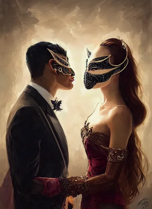 Image similar to a beautiful couple, a man and a woman, wearing elaborate masquerade masks and matching clothing, looking at each other with an alluring expression. painting by artgerm and greg rutkowski and magali villanueve