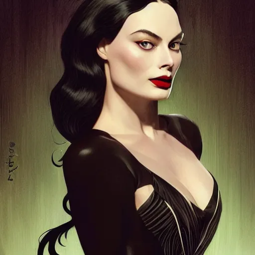 Prompt: margot robbie as morticia addams, masterpiece, intricate, elegant, highly detailed, digital painting, artstation, concept art, smooth, sharp focus, illustration, art by artgerm and greg rutkowski and alphonse mucha and uang guangjian and gil elvgren and sachin teng, symmetry!!