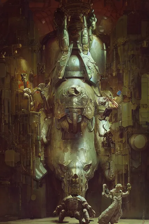 Image similar to scientists in a laboratory observe an elephantine extraterrestrial wearing armour, painted by ruan jia, raymond swanland, lawrence alma tadema, zdzislaw beksinski, norman rockwell, jack kirby, tom lovell, alex malveda, greg staples