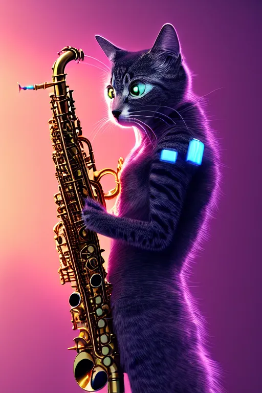 Image similar to high quality 3 d render very cute cyborg cat plays saxophone, cyberpunk highly detailed, unreal engine cinematic smooth, in the style of blade runner & pixar, hannah yata charlie immer, moody light, low angle, uhd 8 k, sharp focus