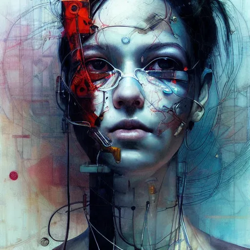 Image similar to young woman cyberpunk dreaming, wires cybernetic implants, in the style of adrian ghenie, esao andrews, jenny saville,, surrealism, dark art by james jean, takato yamamoto