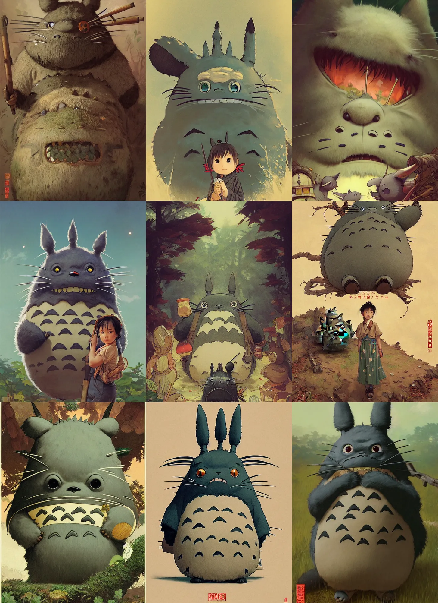 Prompt: highly detailed totoro gritty portrait, norman rockwell, wuxia art by greg rutkowski, loish, rhads and thomas kinkade, ilya kuvshinov, alphonse mucha, global illumination, detailed and intricate environment