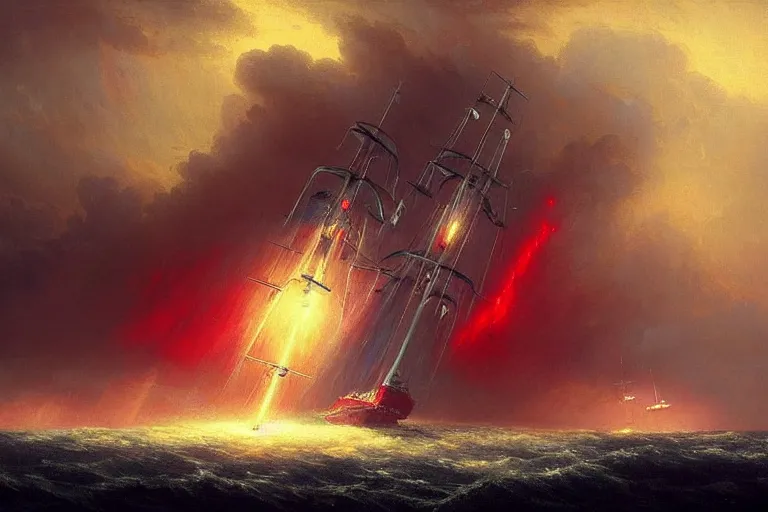 Image similar to A beautiful matte painting of huge alien spaceship attacking with powerful red lasers a Sailship in ocean in thunderstorm by Greg Rutkowski and Ivan aivazovsky